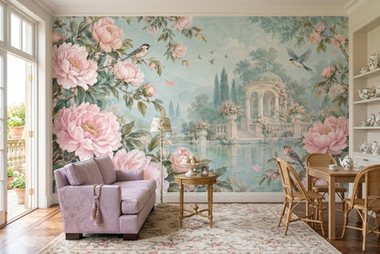 Pink Peonies Wallpaper Classical Pavilion Wall Mural