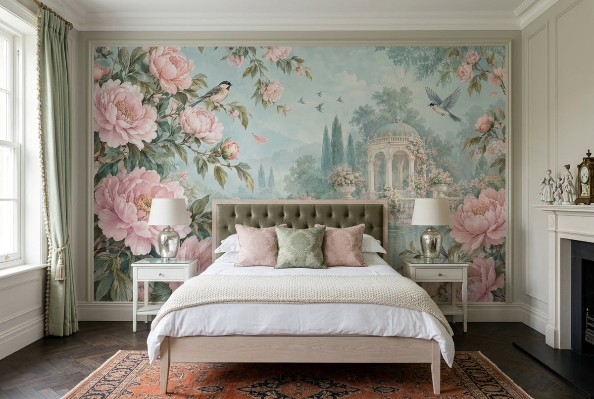Pink Peonies Wallpaper Classical Pavilion Wall Mural