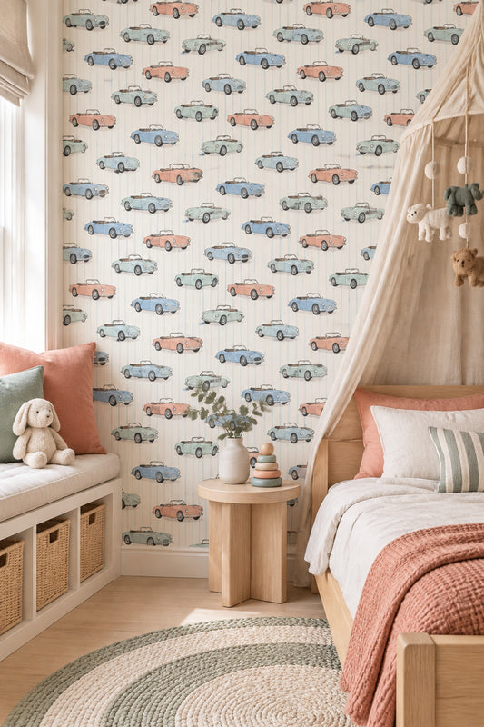 Vintage Cars Wallpaper Pastel Watercolor Roadster Stripes