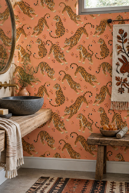 Tiger Wallpaper Illustrated Animal Print Coral Background