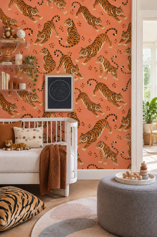 Tiger Wallpaper Illustrated Animal Print Coral Background