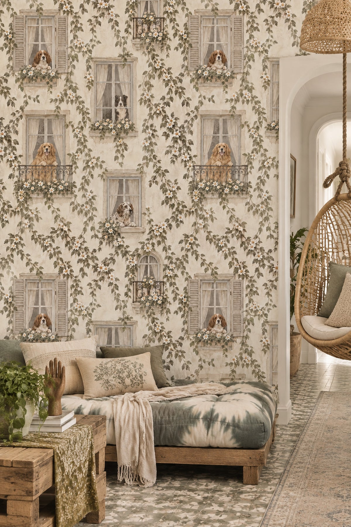 Dogs Balcony Wallpaper Watercolor European Facade