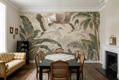 Tropical Cranes Wallpaper Vintage Jungle Wall Mural