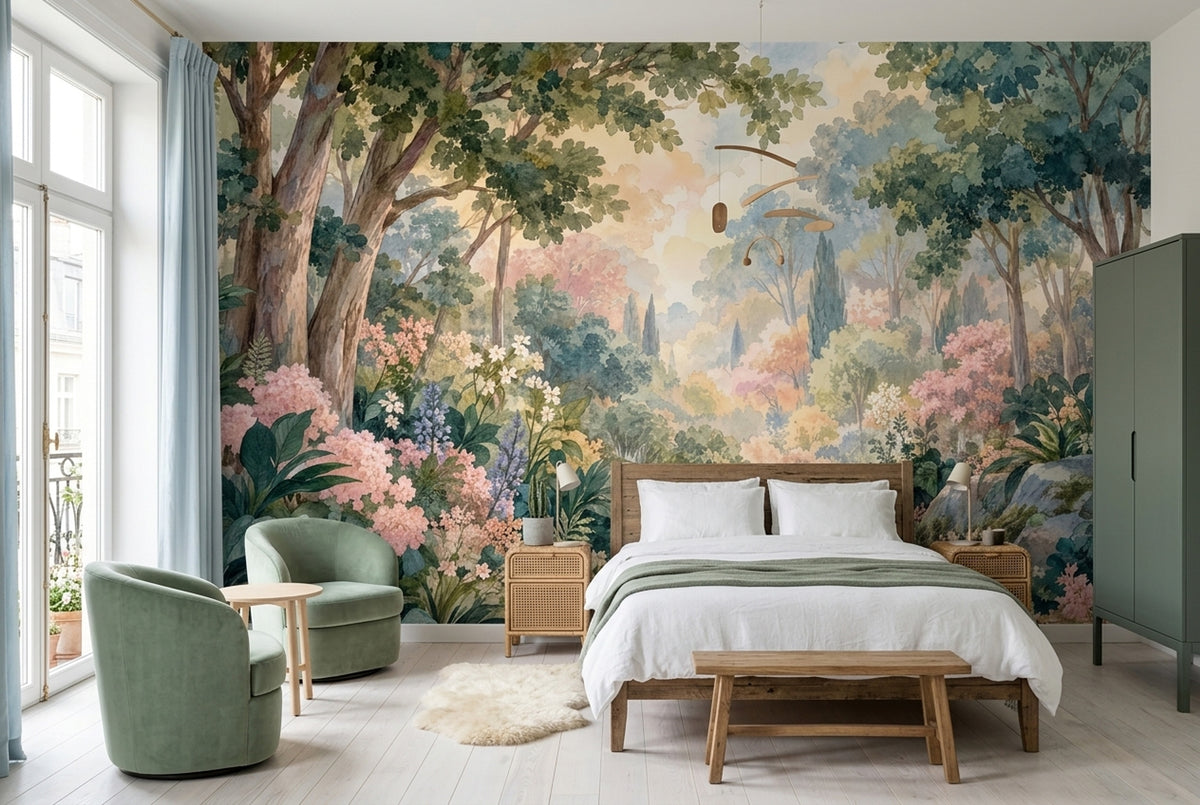 Watercolor Garden Path Wallpaper Romantic Botanical Wall Mural