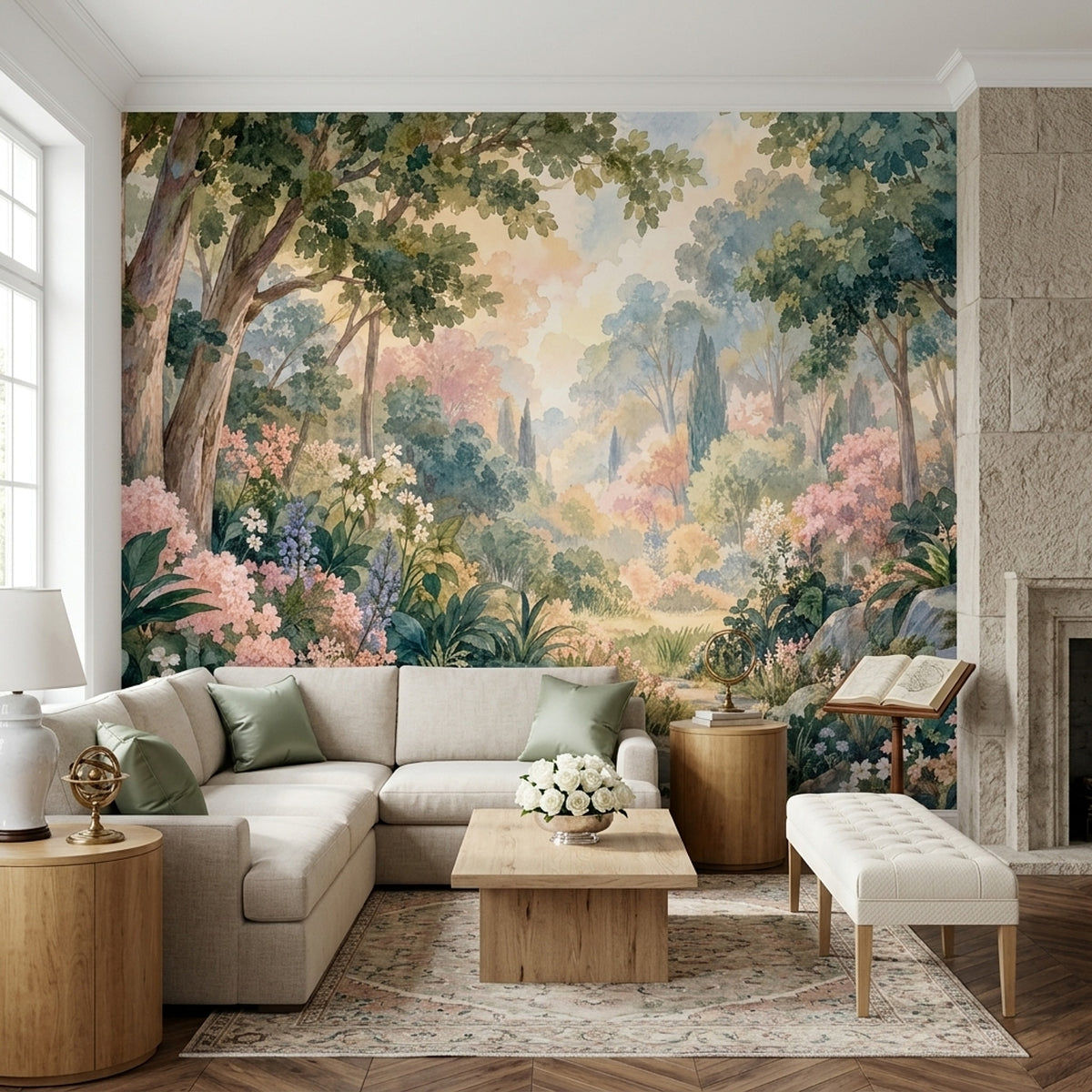 Watercolor Garden Path Wallpaper Romantic Botanical Wall Mural