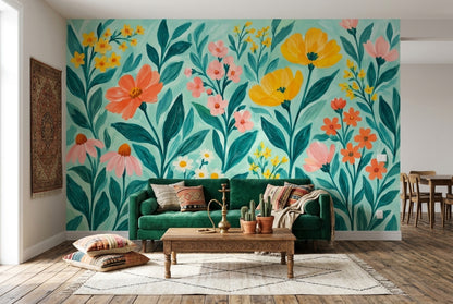 Hand Painted Garden Flowers Wallpaper Teal Background Wall Mural