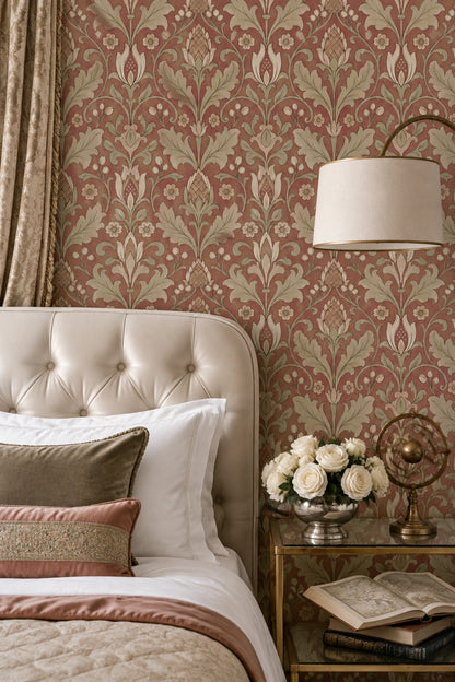 Acanthus Leaf Wallpaper Floral Damask In Muted Red And Cream