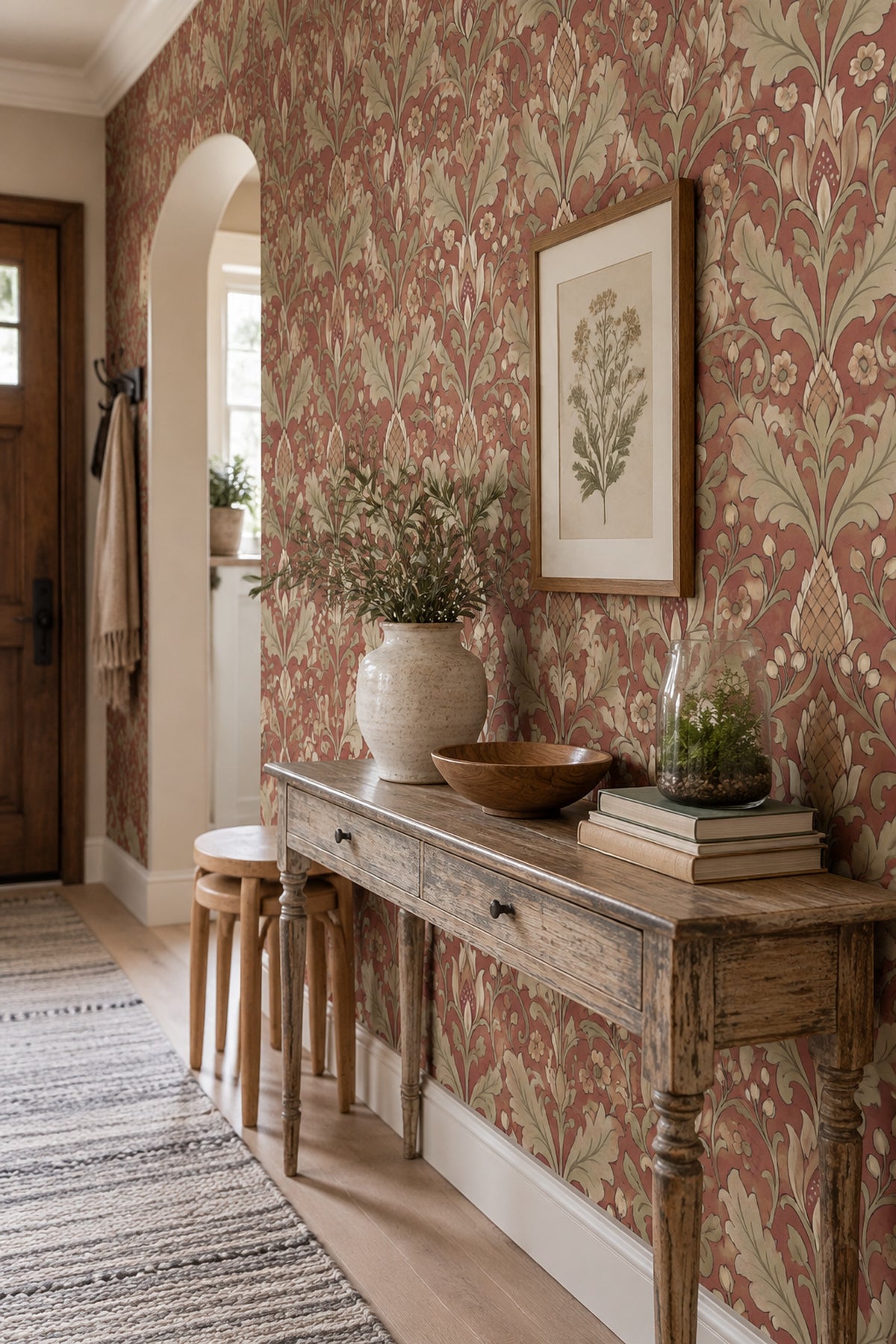 Acanthus Leaf Wallpaper Floral Damask In Muted Red And Cream