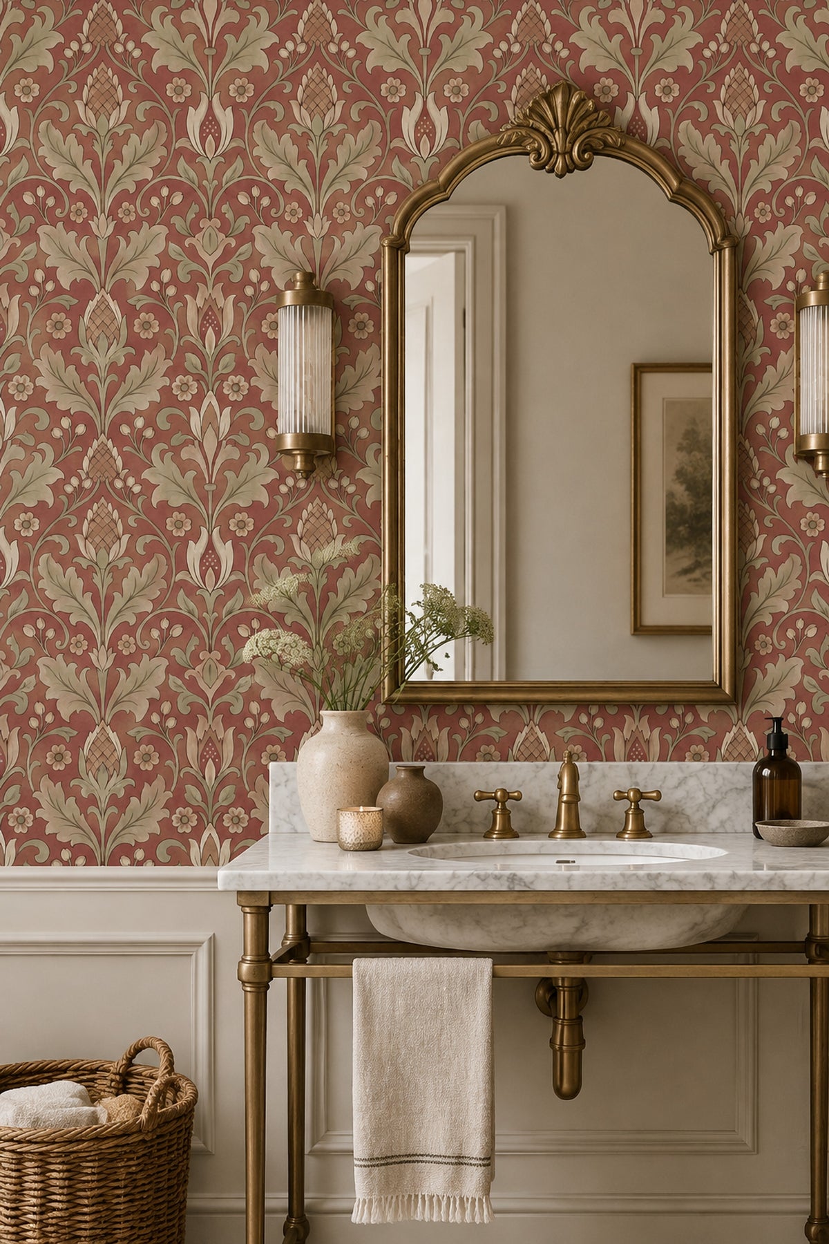 Acanthus Leaf Wallpaper Floral Damask In Muted Red And Cream