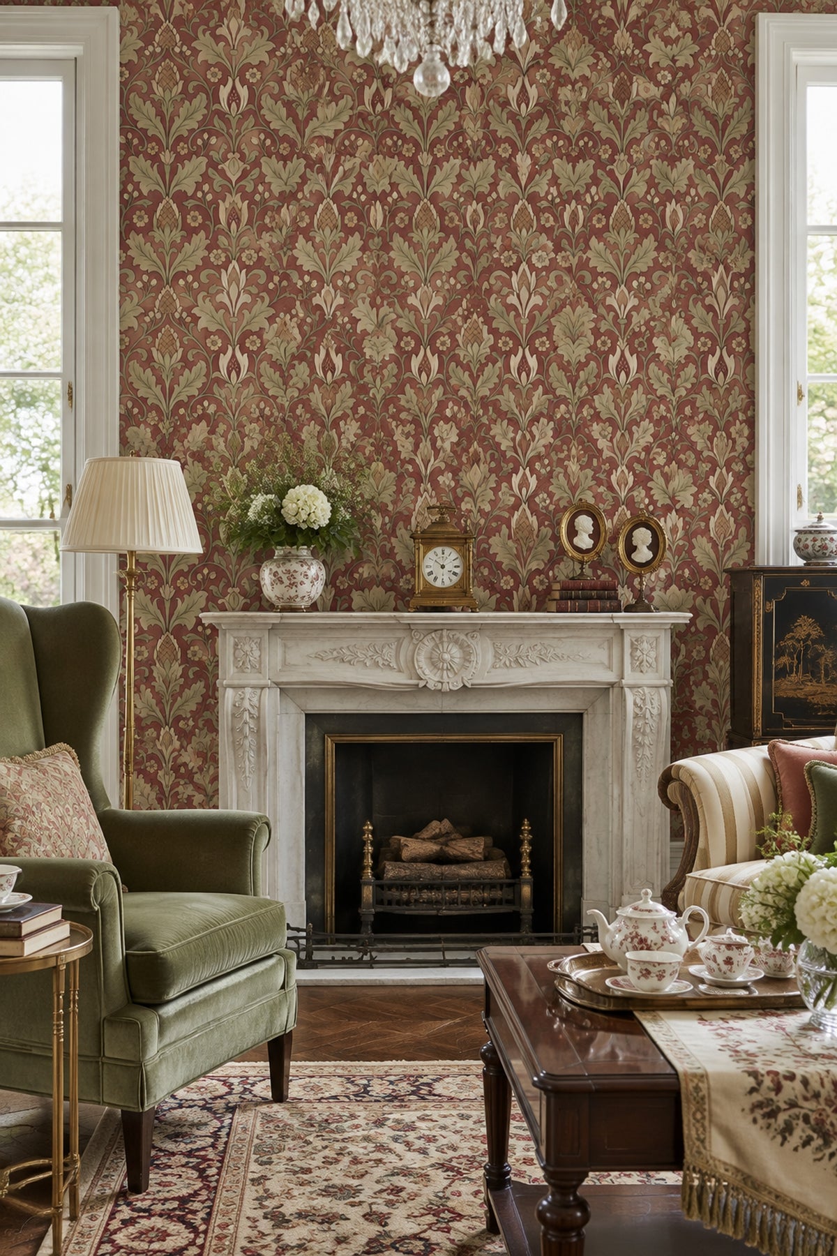 Acanthus Leaf Wallpaper Floral Damask In Muted Red And Cream