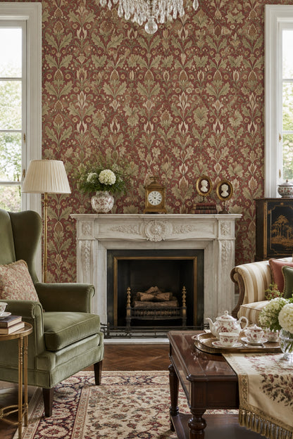 Acanthus Leaf Wallpaper Floral Damask In Muted Red And Cream