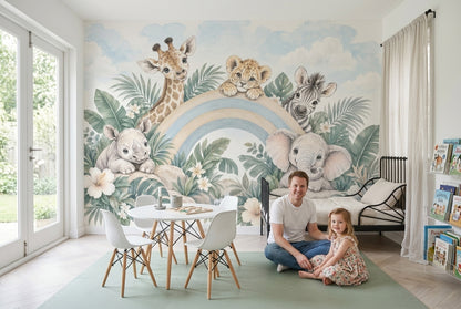 Baby Safari Animals Wallpaper Pastel Rainbow Nursery Wall Mural