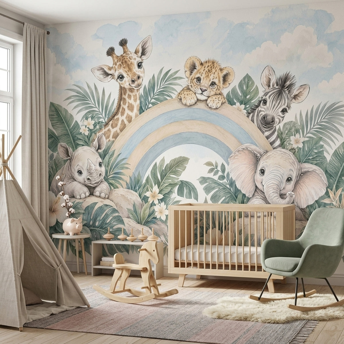 Baby Safari Animals Wallpaper Pastel Rainbow Nursery Wall Mural