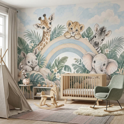 Baby Safari Animals Wallpaper Pastel Rainbow Nursery Wall Mural