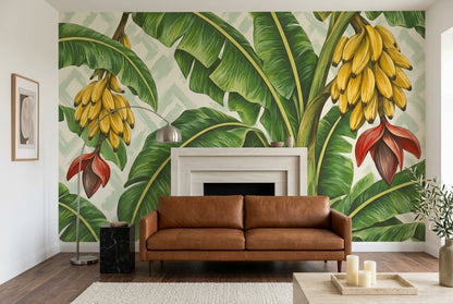 Banana Leaves And Bananas Wallpaper Painterly Tropical Wall Mural