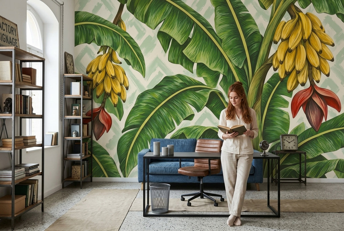 Banana Leaves And Bananas Wallpaper Painterly Tropical Wall Mural