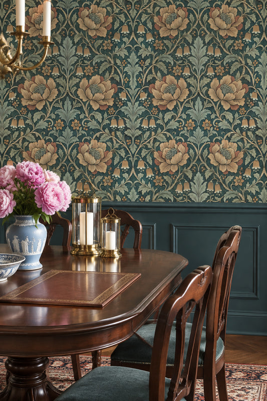 Botanical Floral Wallpaper Dark Teal Scrolling Vines
