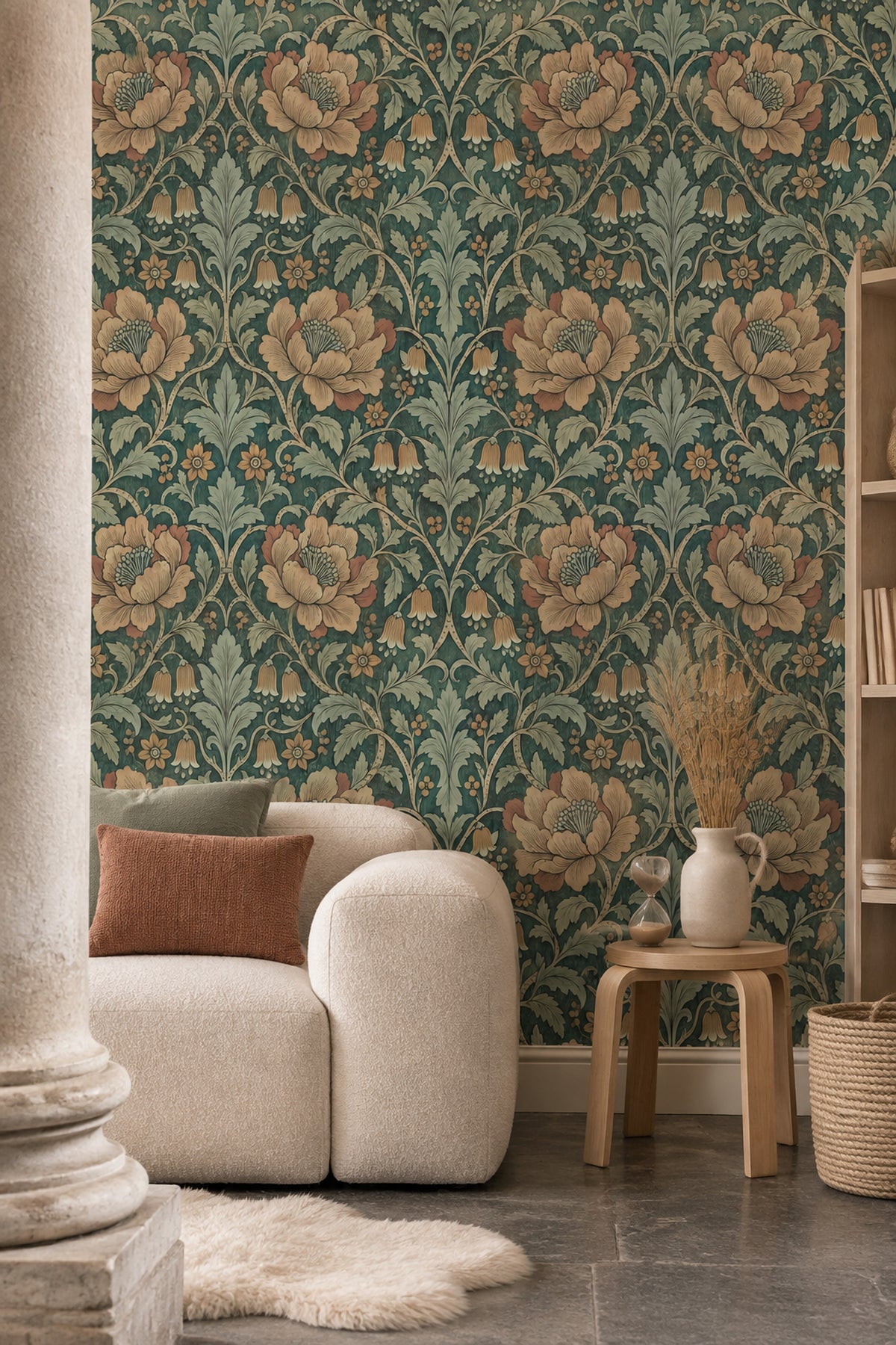 Botanical Floral Wallpaper Dark Teal Scrolling Vines