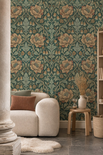 Botanical Floral Wallpaper Dark Teal Scrolling Vines