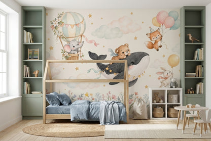 Hot Air Balloon Animals Wallpaper Watercolor Nursery Wall Mural
