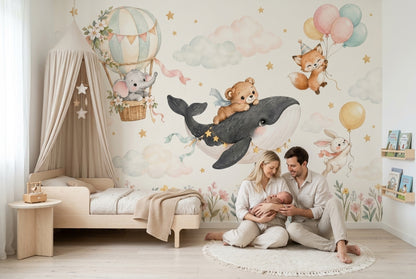 Hot Air Balloon Animals Wallpaper Watercolor Nursery Wall Mural