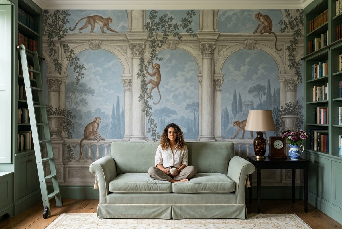 Monkeys Garden Terrace Wallpaper Classical Arches Wall Mural