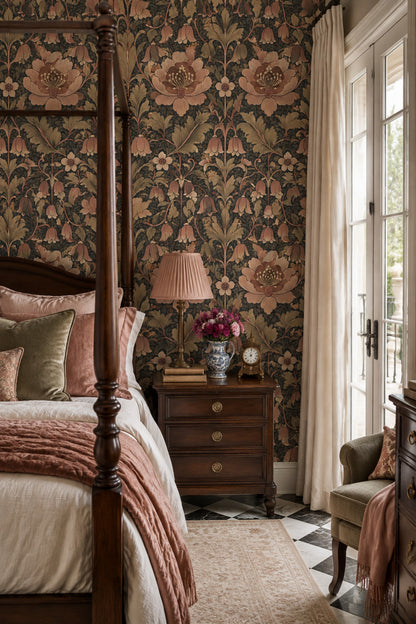 Bell Flower Vine Wallpaper Dark Floral Botanical Pattern