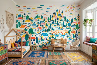 Fairytale Castle Village Wallpaper Watercolor Scene Wall Mural