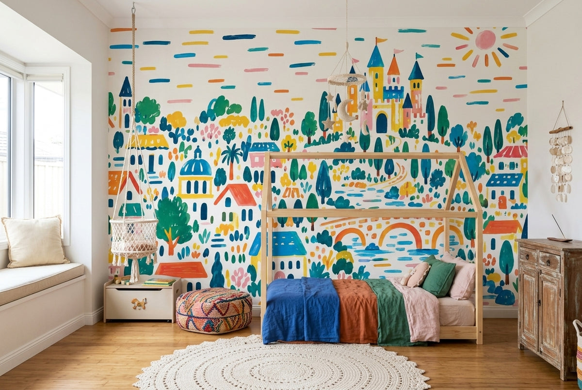 Fairytale Castle Village Wallpaper Watercolor Scene Wall Mural