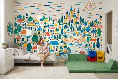 Fairytale Castle Village Wallpaper Watercolor Scene Wall Mural
