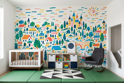 Fairytale Castle Village Wallpaper Watercolor Scene Wall Mural