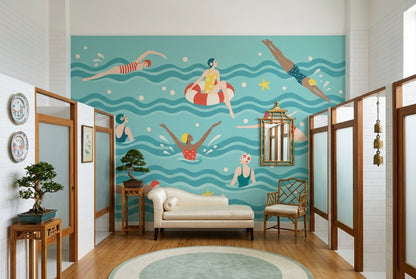 Retro Swimmers Wallpaper Teal Waves Wall Mural