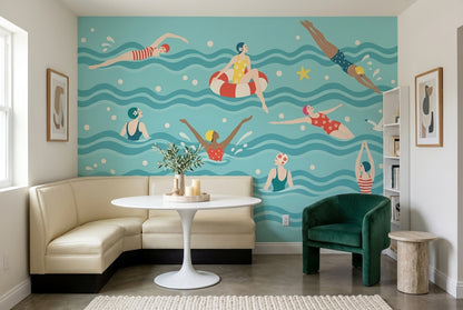Retro Swimmers Wallpaper Teal Waves Wall Mural