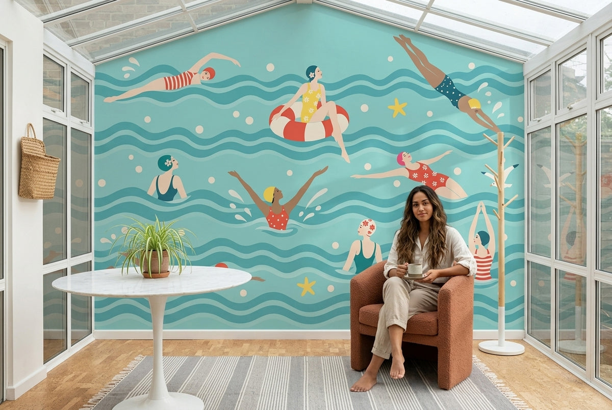 Retro Swimmers Wallpaper Teal Waves Wall Mural