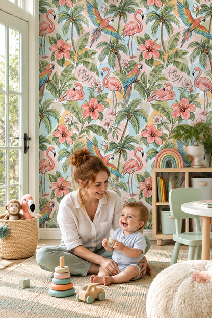 Flamingo Parrot Wallpaper Pastel Tropical Watercolor Pattern