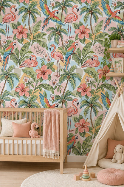 Flamingo Parrot Wallpaper Pastel Tropical Watercolor Pattern