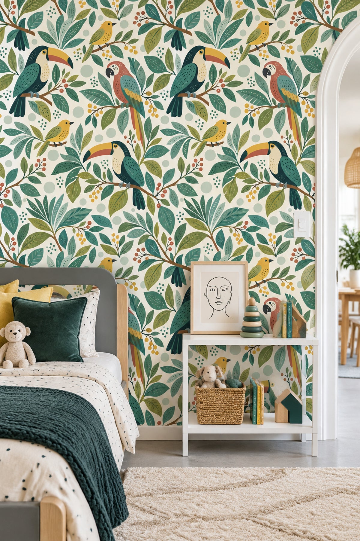 Tropical Birds Wallpaper Toucan Leaf Pattern