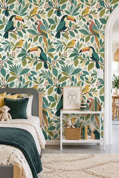 Tropical Birds Wallpaper Toucan Leaf Pattern