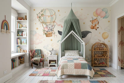 Hot Air Balloon Animals Wallpaper Watercolor Nursery Wall Mural