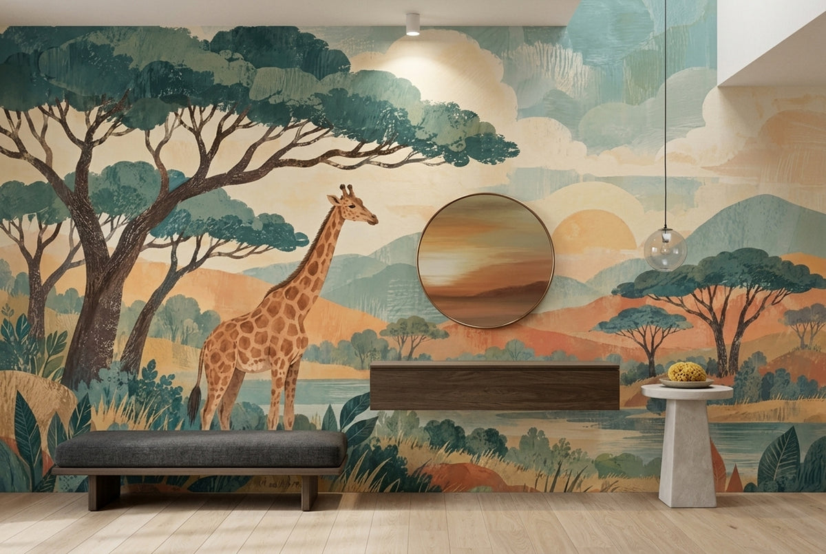 Giraffe Safari Landscape Wallpaper Vintage Sunset Wall Mural