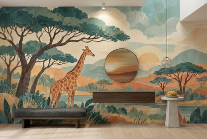 Giraffe Safari Landscape Wallpaper Vintage Sunset Wall Mural
