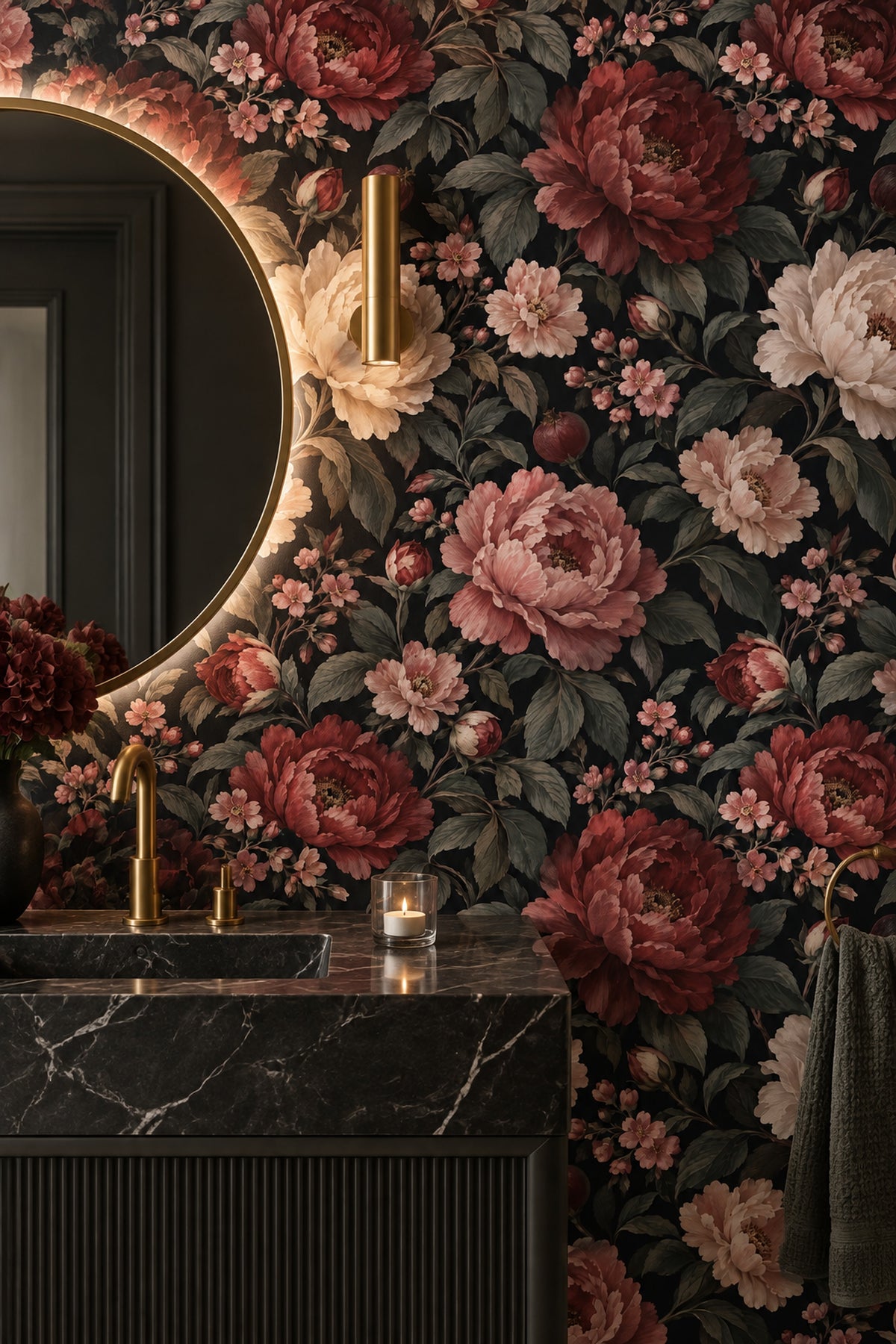 Peony And Pomegranate Wallpaper Dark Floral Navy Background