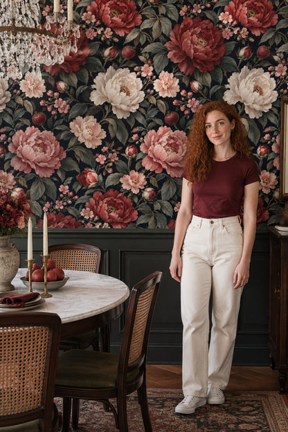 Peony And Pomegranate Wallpaper Dark Floral Navy Background