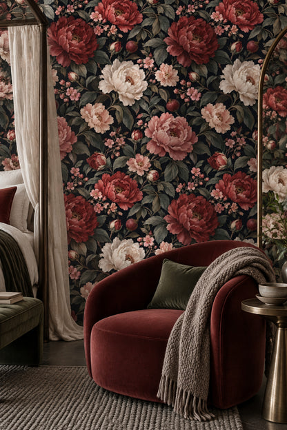 Peony And Pomegranate Wallpaper Dark Floral Navy Background