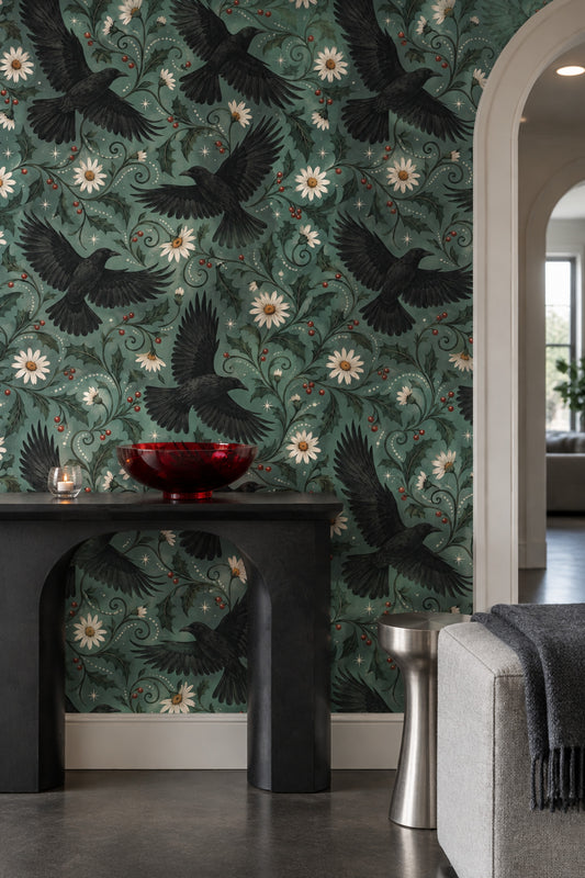 Ravens Wallpaper Teal Gothic Botanical Pattern