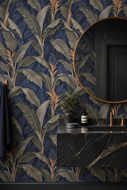 Banana Leaves Wallpaper Dark Tropical Navy Background