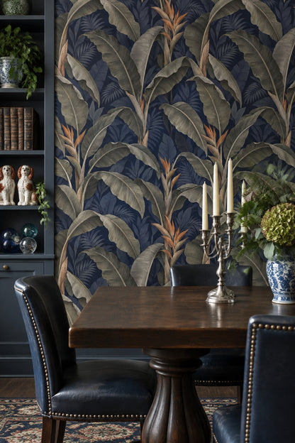 Banana Leaves Wallpaper Dark Tropical Navy Background