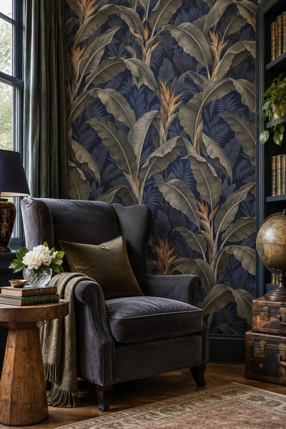 Banana Leaves Wallpaper Dark Tropical Navy Background