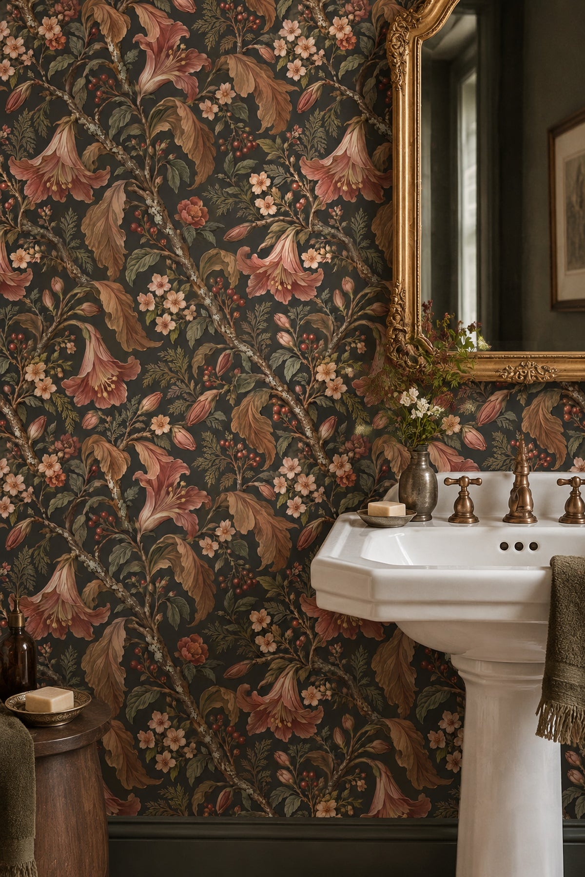 Trumpet Flower Wallpaper Dark Floral Botanical Pattern