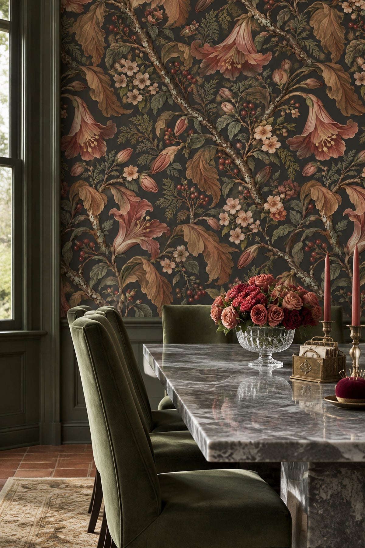 Trumpet Flower Wallpaper Dark Floral Botanical Pattern